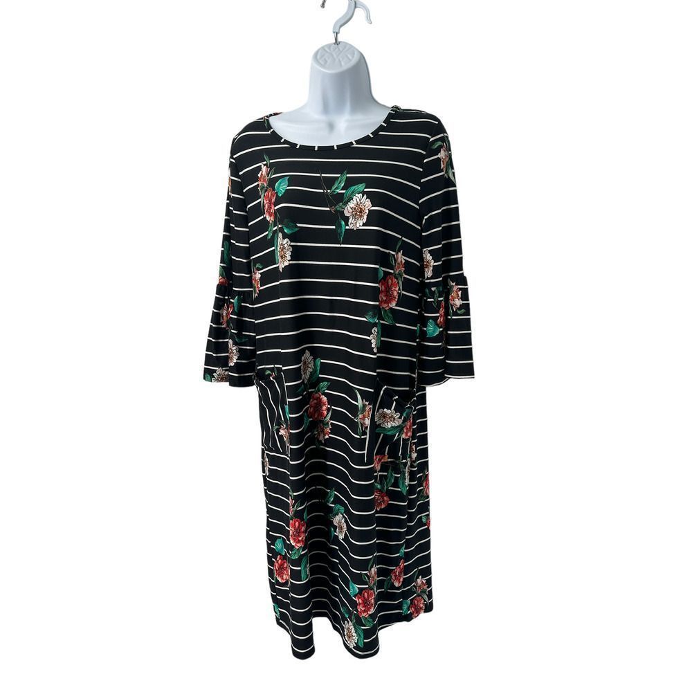 Mimi & Daphne Black Stripe Floral Short Bell Sleeve‎ Midi Dress Medium
